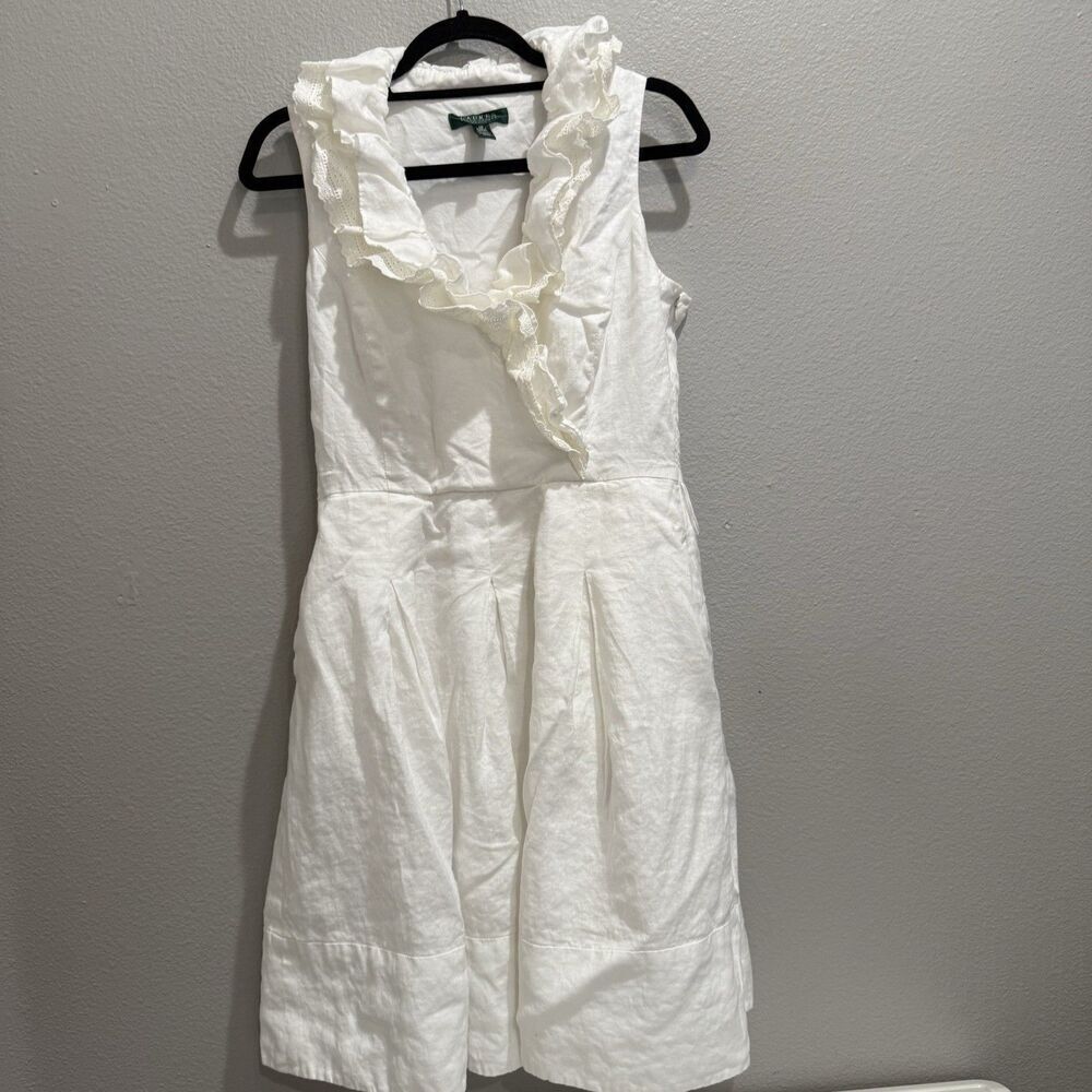 Lauren Ralph Lauren Dress Size 10 White Linen Ruffle Sleeveless Lined